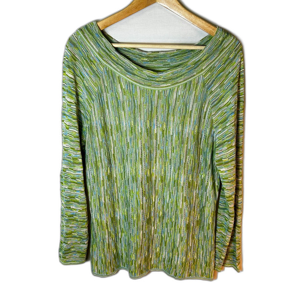 Sigrid Olsen Blue Green Silk Blend Textured Stripe 3/4 Sleeve Sweater Sz L - Picture 3 of 12